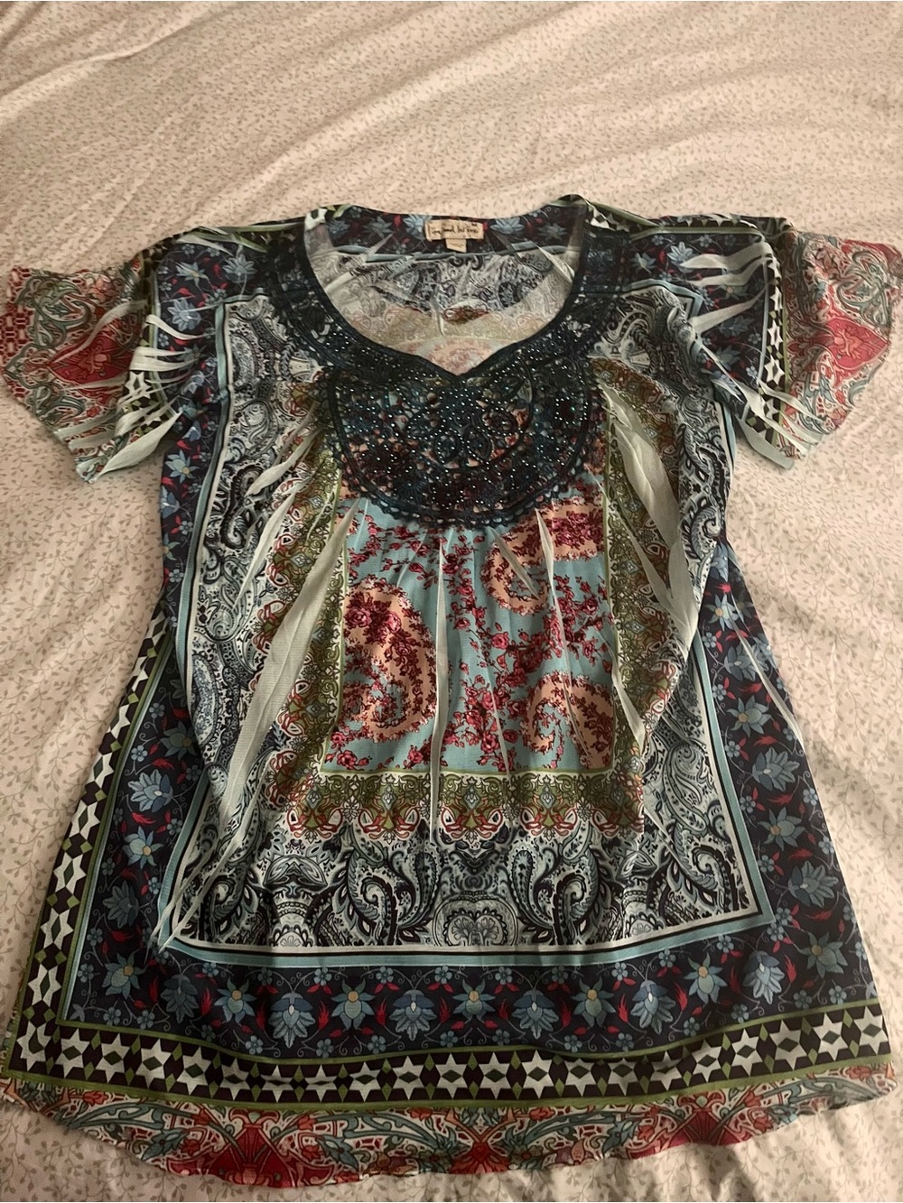 live and let live Mixed Paisley Short Sleeve Top in Teal, Navy and Red